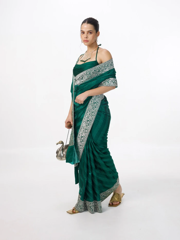 Handwoven Jade Green Satin Tanchoi Banarasi Saree