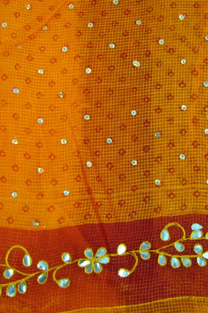 Orange Kota Doria Saree With Gota Patti Border