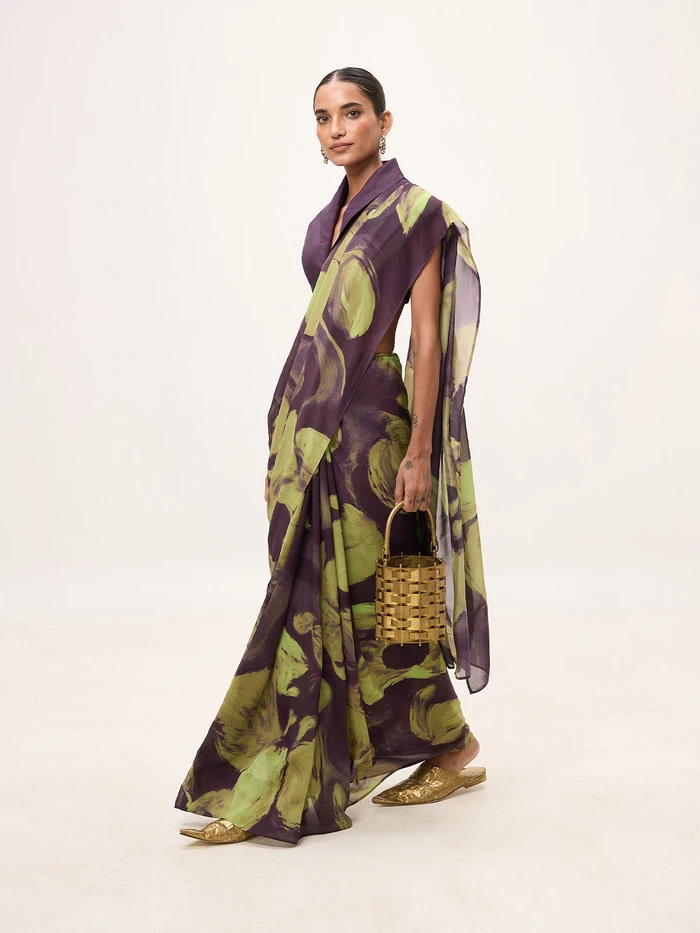 Multicolour Chiffon Digital Print Saree – Purple & Pista Brushstrokes