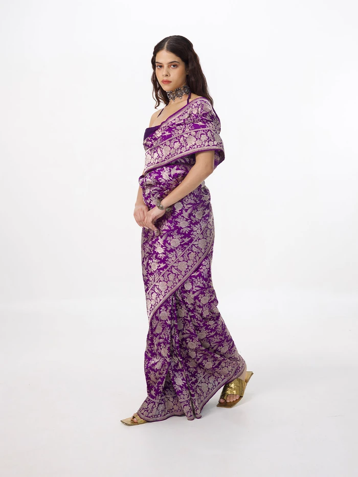 Handwoven Deep Purple Banarasi Emboss Saree