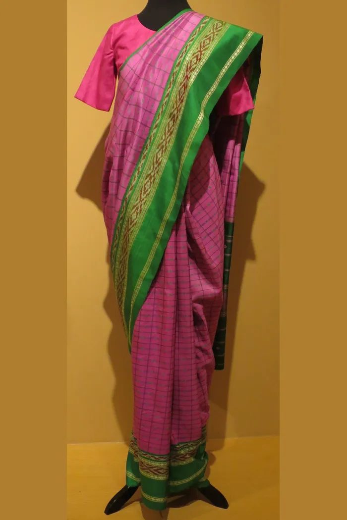 Pink Kanjivaram Silk Saree With Green Korvai Border
