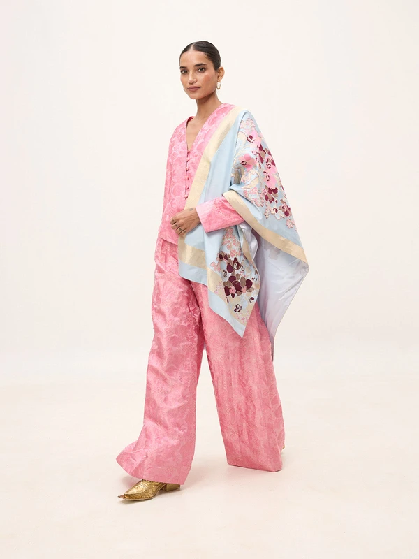 Handwoven Ice Blue Silk Banarasi Shawl