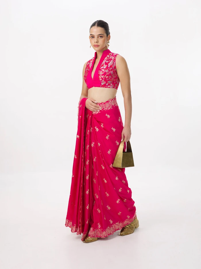 Handwoven Neon Pink Silk Cutwork Banarasi Saree