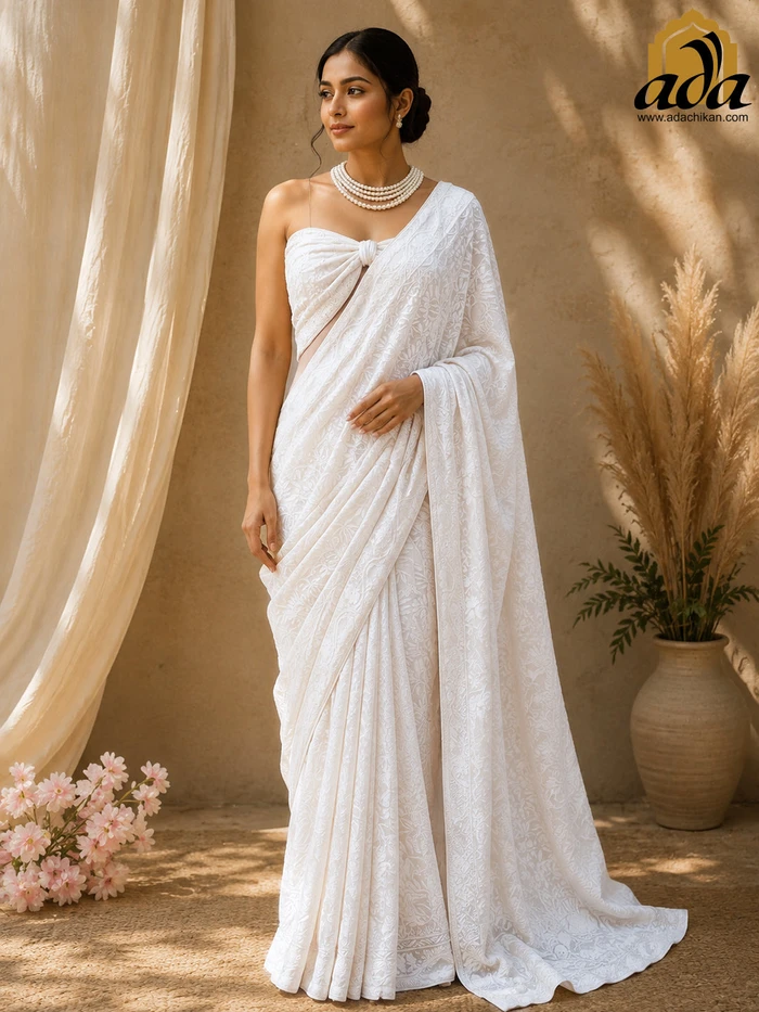 Ada Hand Embroidered Off White Pure Georgette Lucknowi Chikankari Saree And Blouse 01A449528