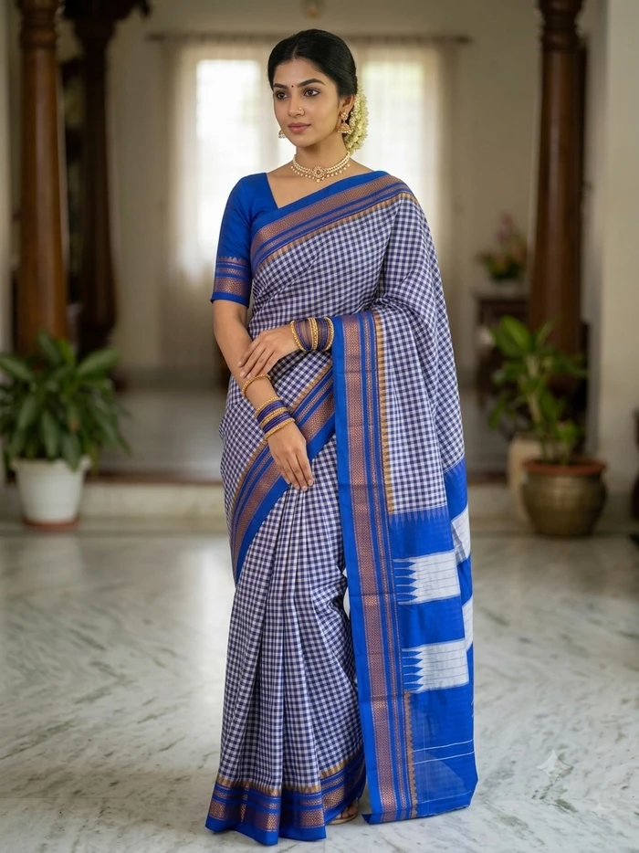 Checks Irkal Saree In Art Soft Silk With Contrast Blouse