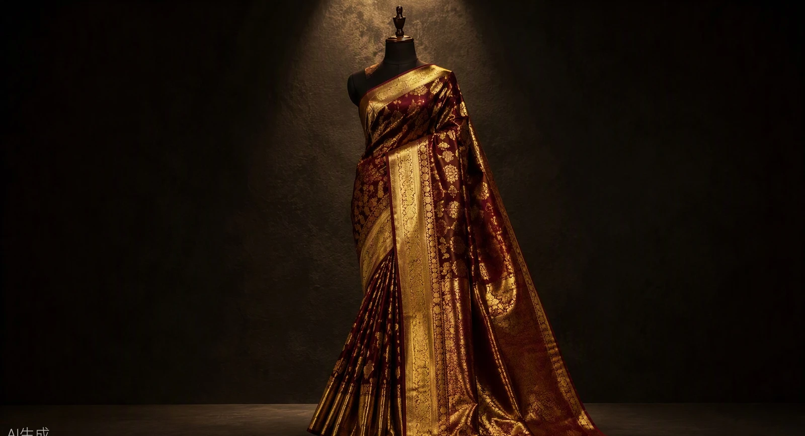 A deep maroon Kanjivaram silk saree with gold zari under a spotlight