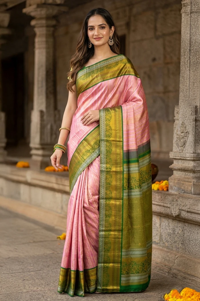 Baby Pink Handloom Korvai Kanjivaram Saree With Thoranam Design