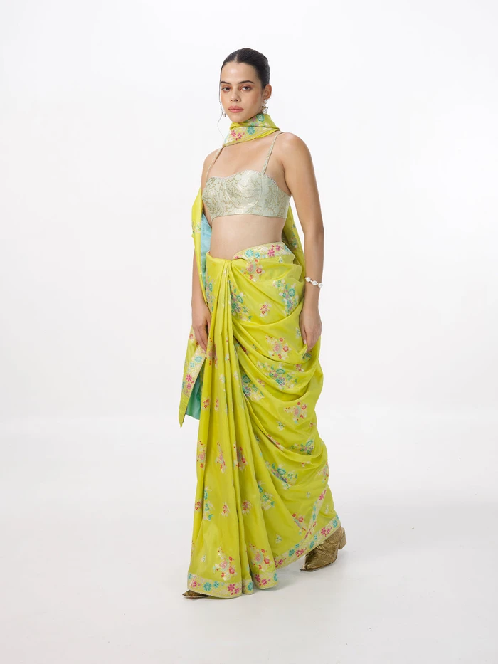 Handwoven Lime Green Silk Kadhwa Banarasi Saree