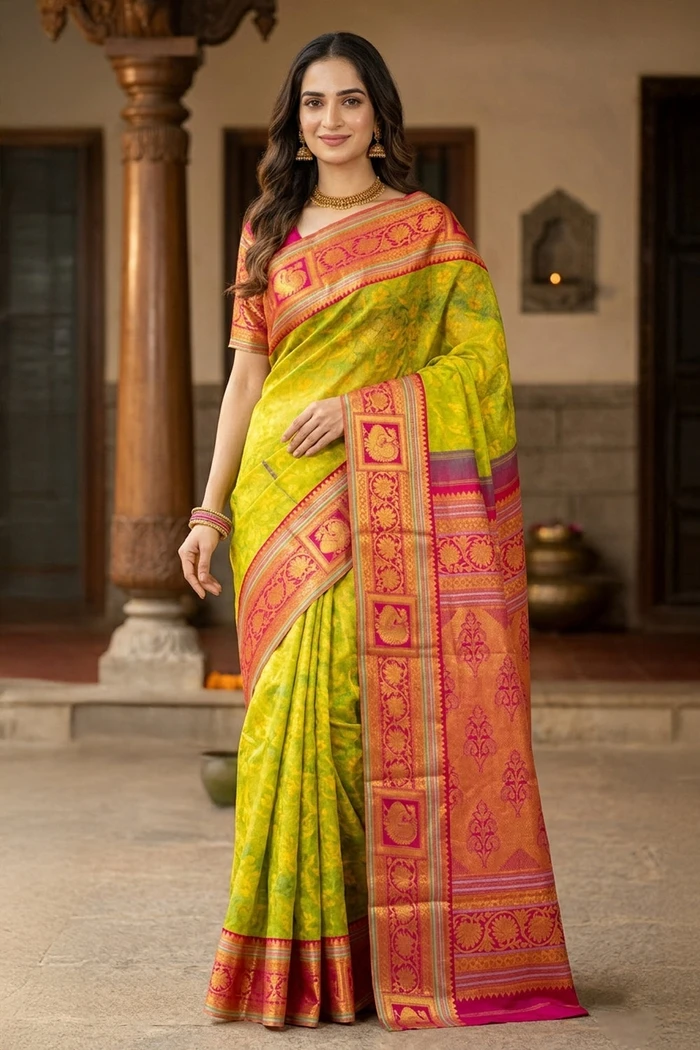 Lime Green Kodimalar Handloom Korvai Kanjivaram Silk Saree