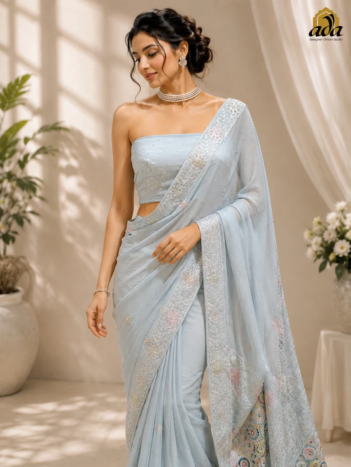 Hand Embroidered Light Blue Pure Georgette Lucknowi Chikankari Saree And Blouse With Cutdana Work