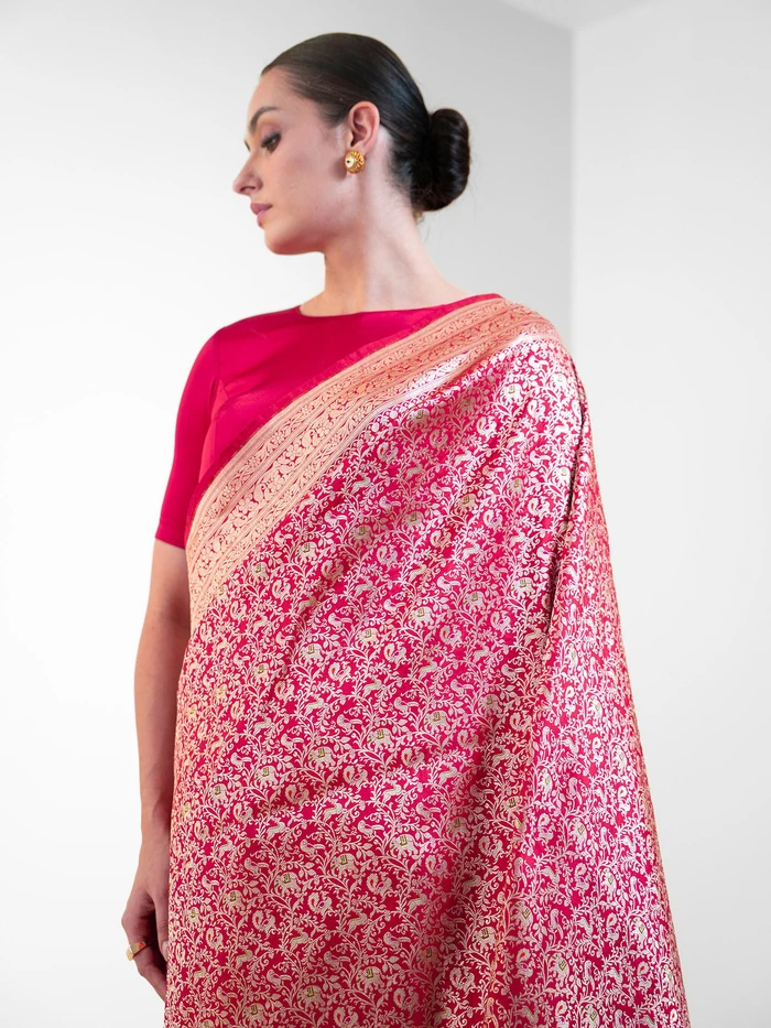 Dark Pink Shikargah Katan Silk Handloom Banarasi Saree