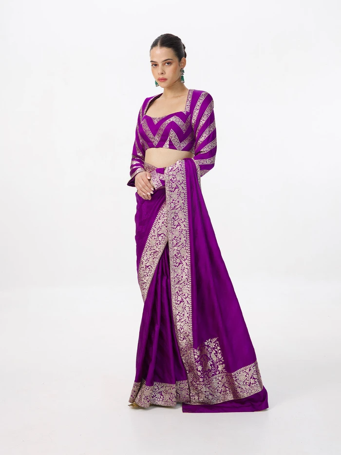 Handwoven Deep Purple Satin Tanchoi Banarasi Saree