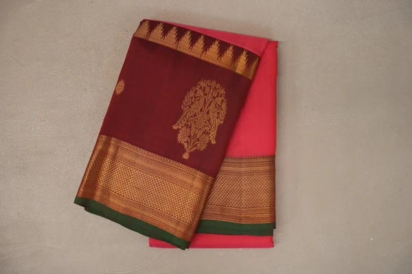 Orangish Pink With Deep Maroon With Dark Green Selvedge Borders Vintage Kanjivaram Silk Saree By Shreenivas Silks Pssr019907