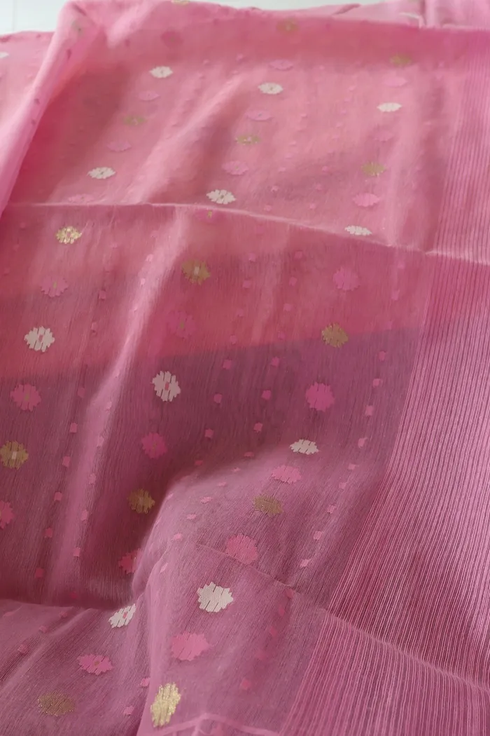 Baby Pink Jamdani Saree With Silver Buti