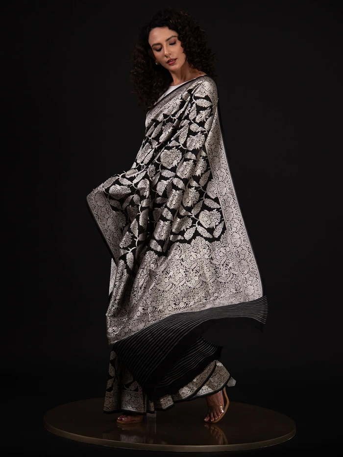Black Shikargah Katan Silk Handloom Banarasi Saree