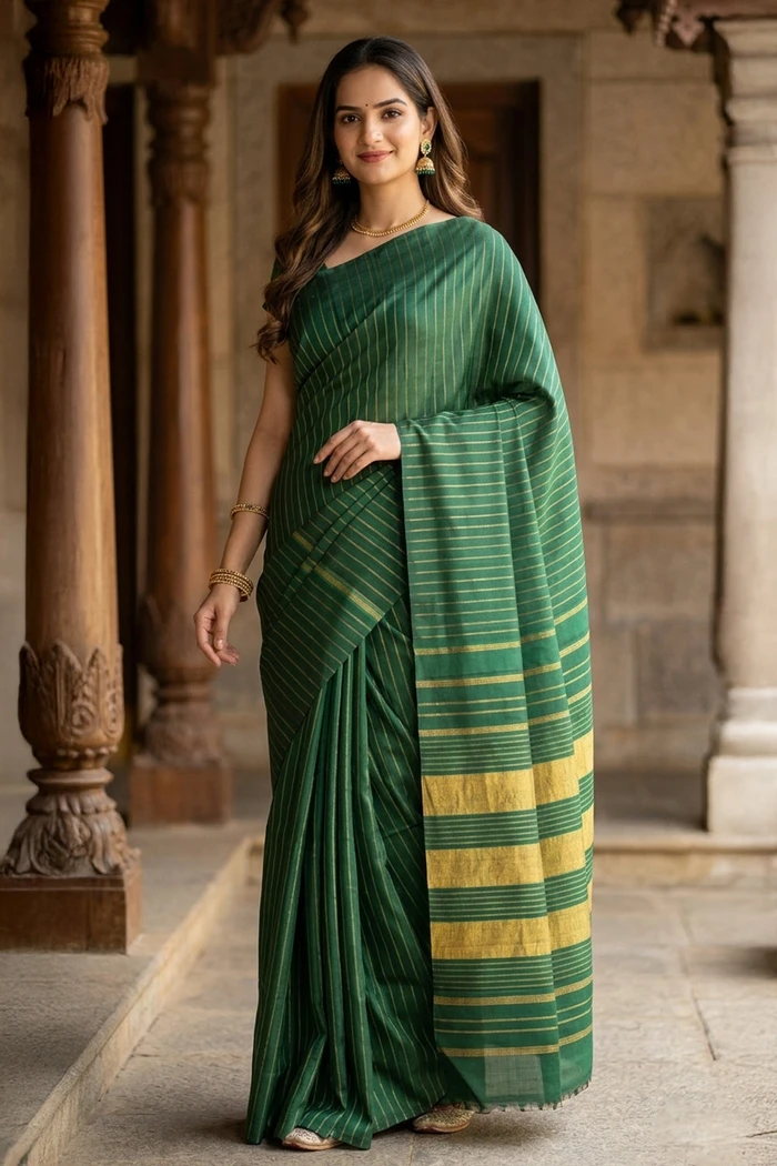 Green Handloom Kanjivaram Silk Saree With Stripes