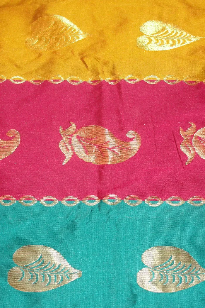 Yellow Pink Teal Kanjivaram Silk Saree With Mango Butta