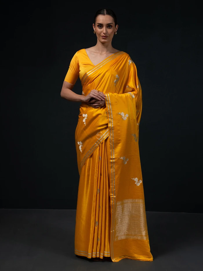 Mustard Boota Satin Silk Handloom Banarasi Saree