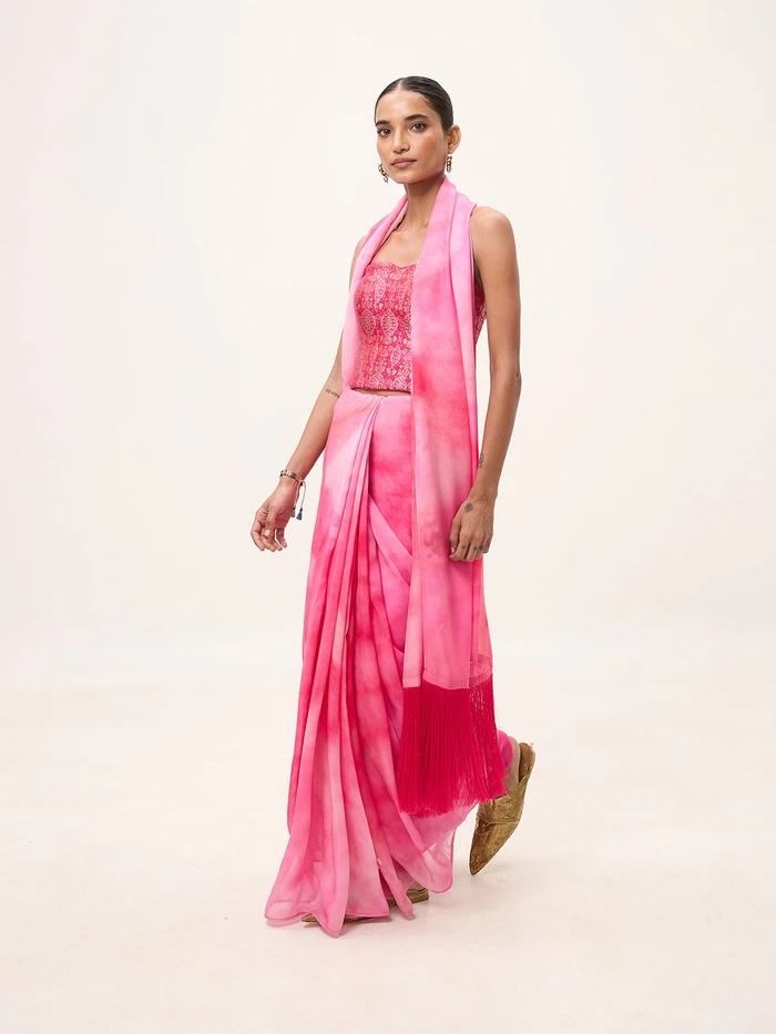 Multicolour Chiffon Digital Print Saree – Pink Ombré