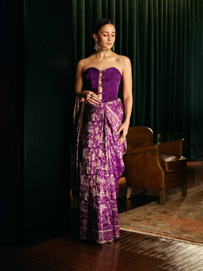 Alia Bhatt in Handwoven Purple Cheena Cheeni Emboss Saree