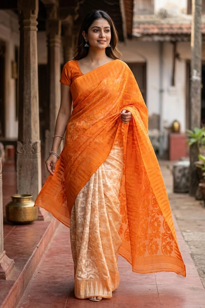 Orange Handloom Jamdani Cotton Saree With Floral Motifs 10077528