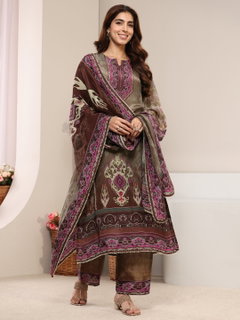 Taupe Ethnic Printed Crepe Straight Suit Set With Dupatta