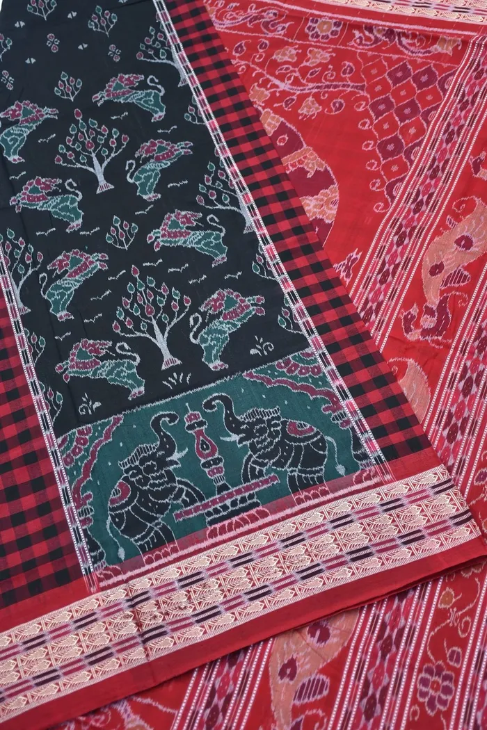 Black And Red Sambalpuri Saree With Tree Motifs