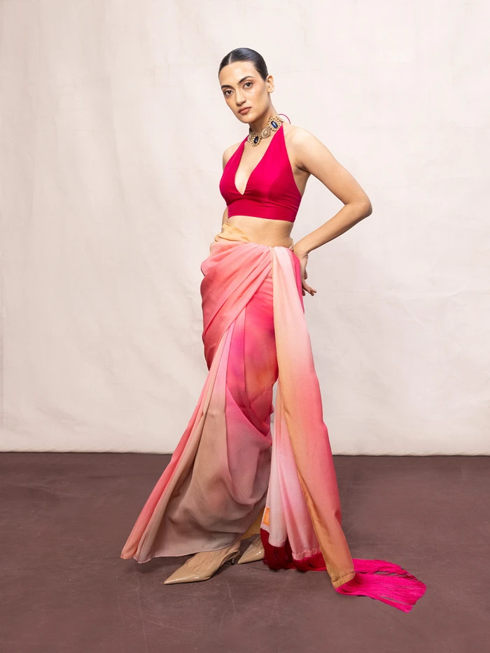 Multicolour Chiffon Digital Print Saree – Pink & Pista Ombré