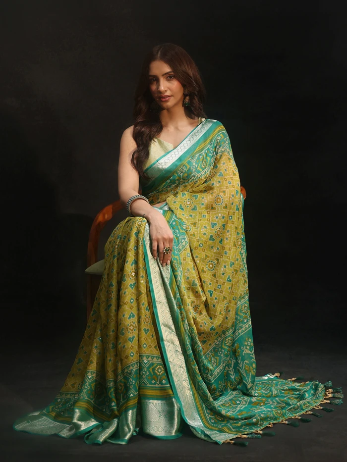 Libas Sea Green Patola Printed Chiffon Saree