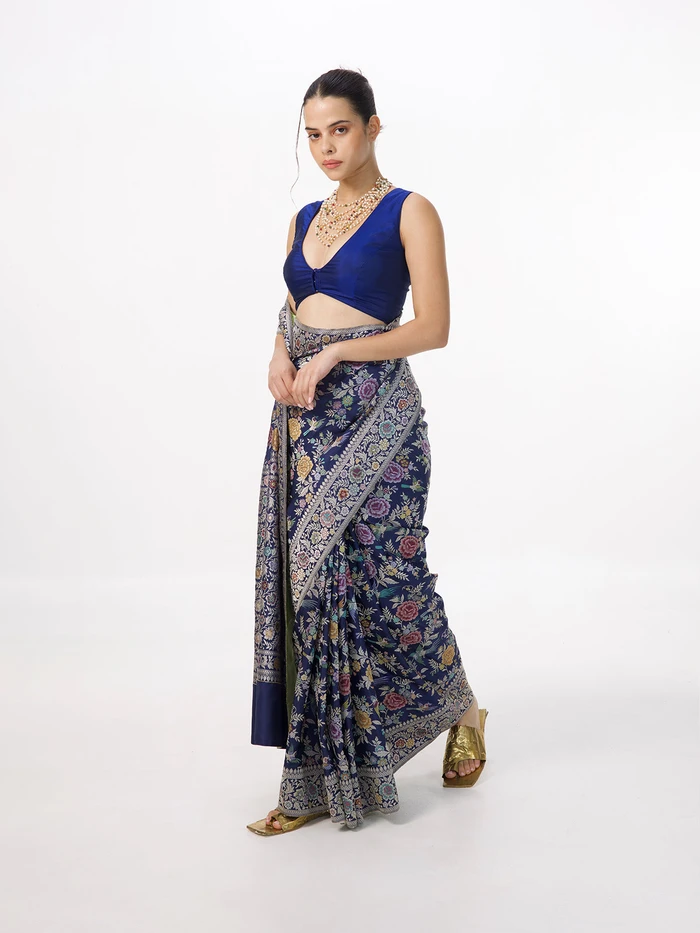 Handwoven Deep Blue Silk Kadhwa Banarasi Saree