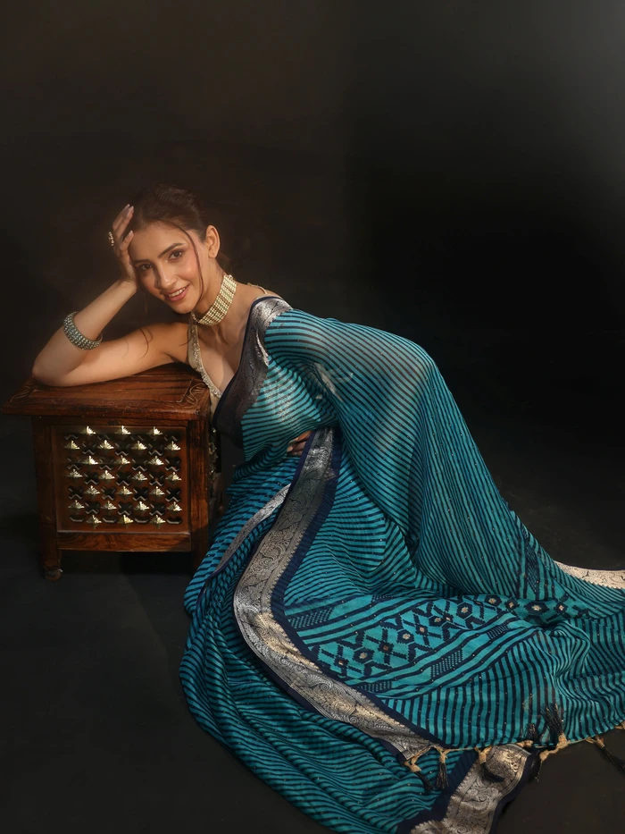 Libas Navy Blue Striped Chiffon Saree With Paisley Border