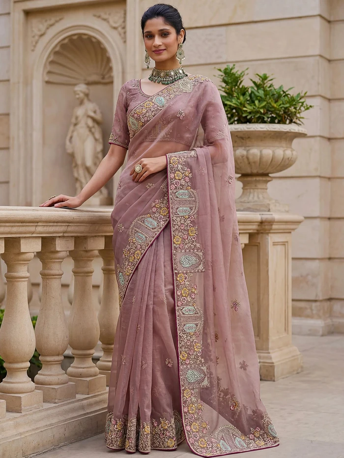 Dusty Mauve Sequins Organza Party Wear Saree With Blouse