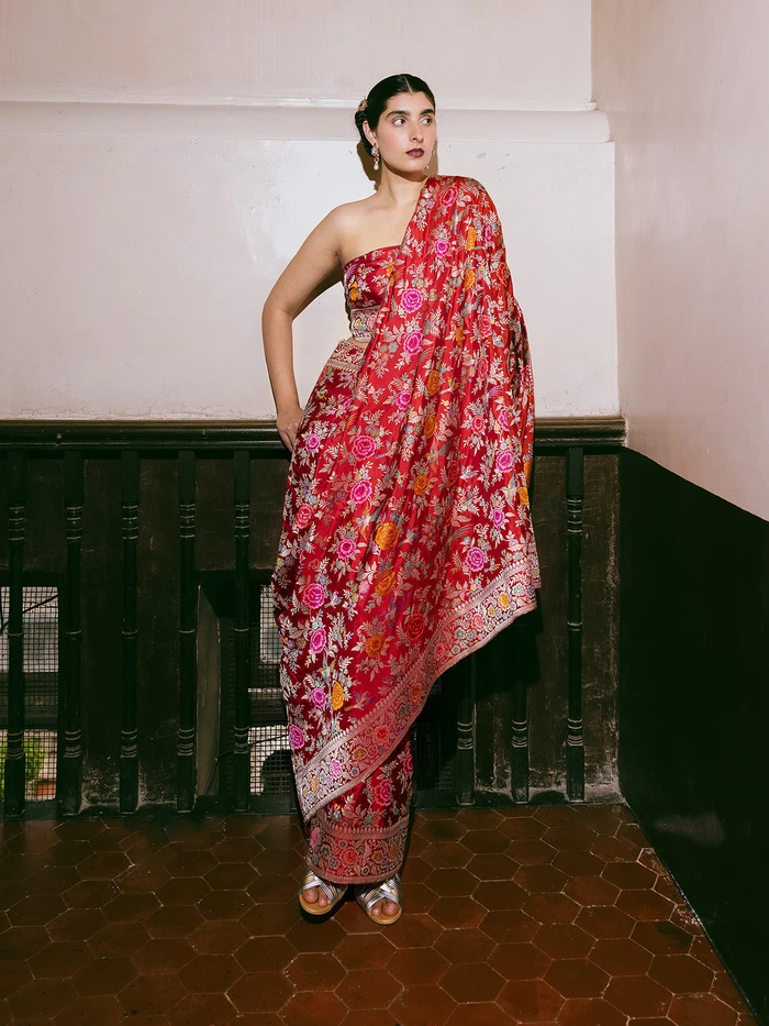 Handwoven Deep Red Silk Kadhwa Banarasi Saree
