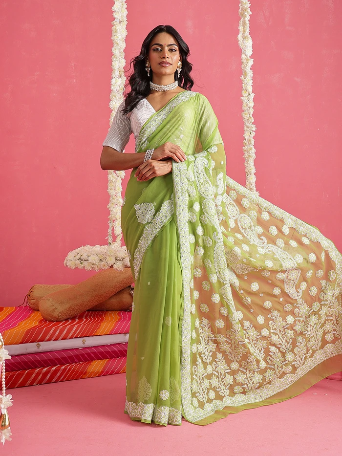 Hand Embroidered Liril Green Georgette Lucknowi Chikankari Saree With Blouse
