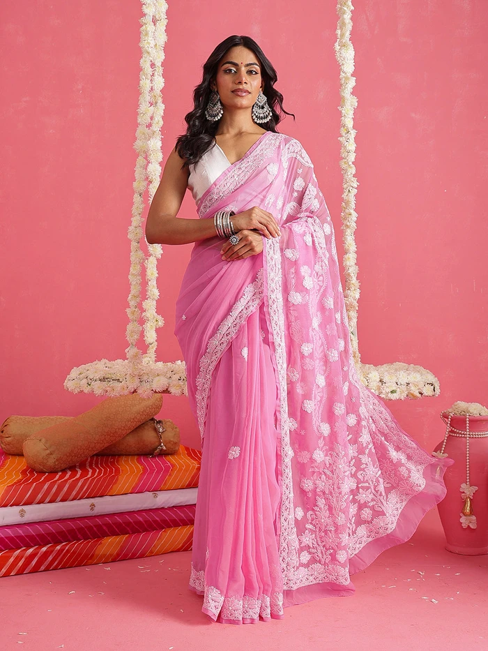 Ada Hand Embroidered Onion Pink Faux Georgette Lucknowi Chikankari Saree With Blouse A311398