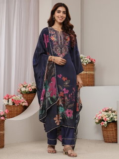 Navy Blue Floral Embroidered Crepe Straight Suit Set With Dupatta