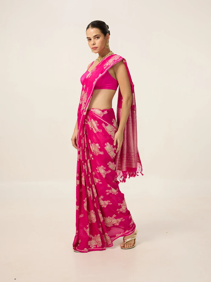 Handwoven Hot Pink Chiffon Saree