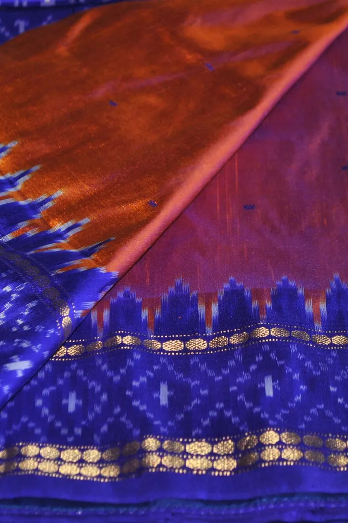 Indigo Sambalpuri Silk Saree With Orange Pallu