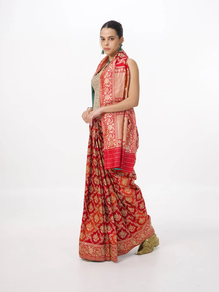 Handwoven Crimson Red Silk Rangkaat Banarasi Saree