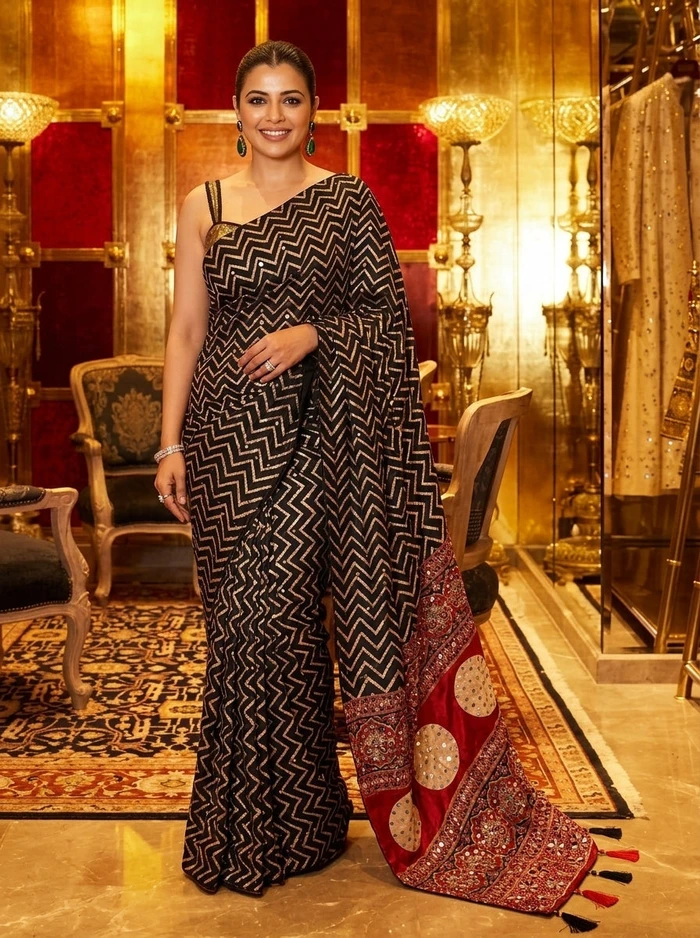 Printed Bandhani Ajrak Mirrorwork Saree
