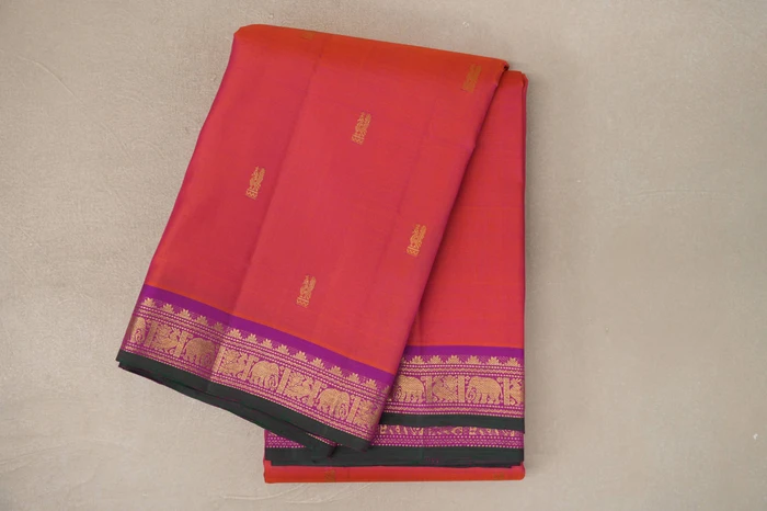 Dual Tone Of Orange & Pink With Magenta With Bottle Green Selvedge Borders Vintage Kanjivaram Silk Saree By Shreenivas Silks Pssr019875