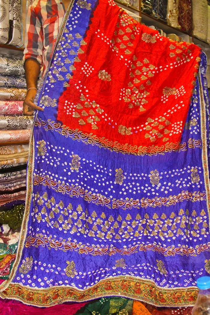 Royal Blue And Red Gota Patti Bandhani Saree