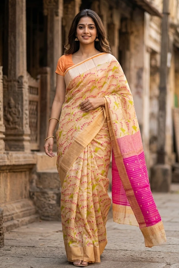 Beige Chanderi Printed Silk Cotton Saree