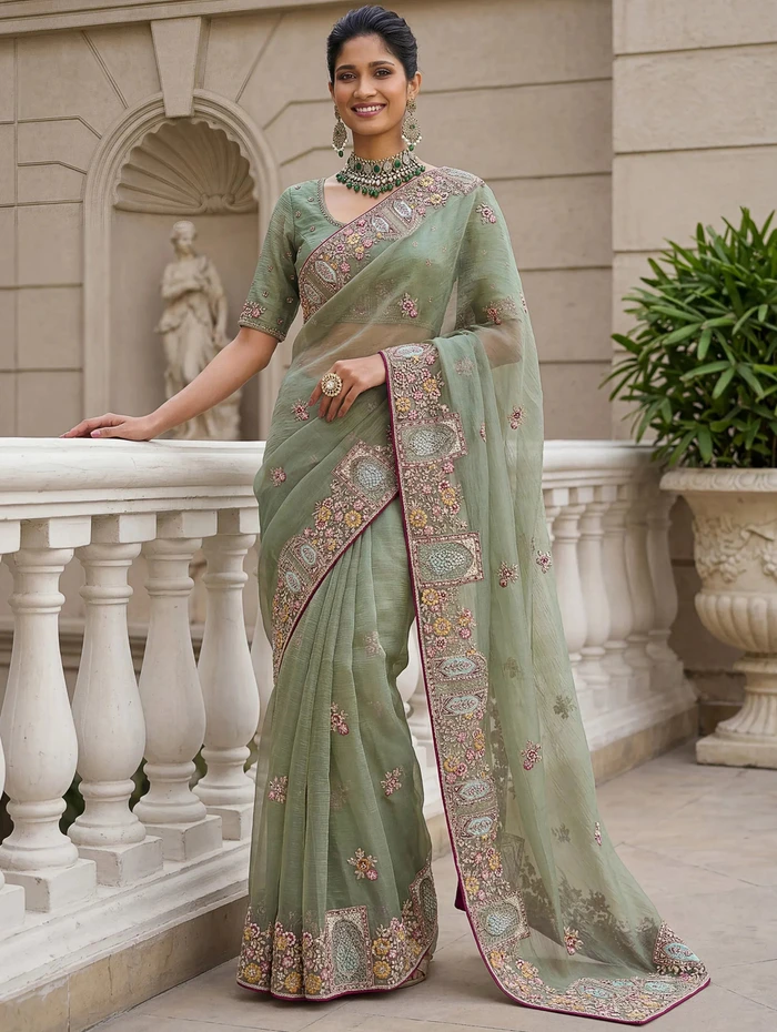 Green Floral Embroidery Organza Reception Wear Saree With Blouse