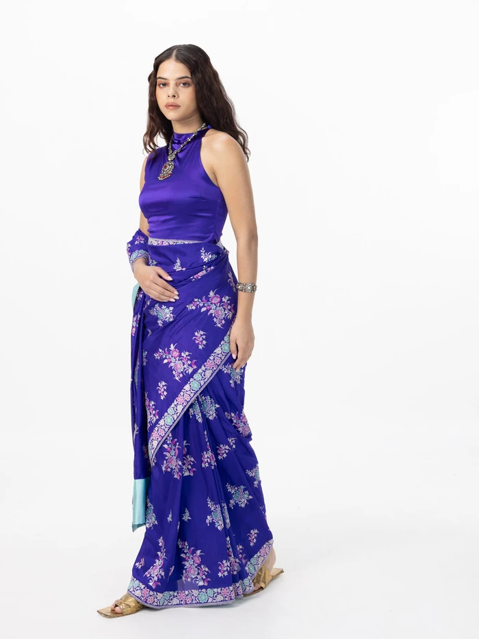 Handwoven Indigo Blue Silk Kadhwa Banarasi Saree