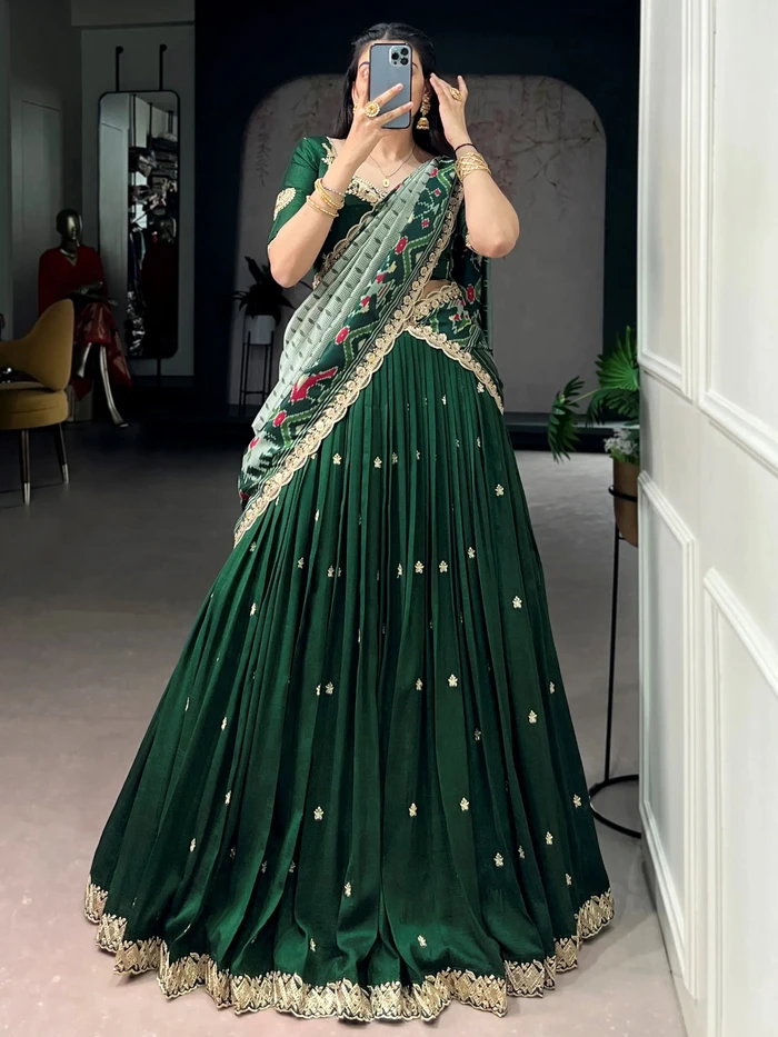 Precious Green Thread Work Silk Mehendi Wear Half Saree Lehenga