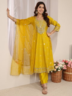 Yellow Bandhani Printed Silk Blend A-Line Suit Set With Dupatta