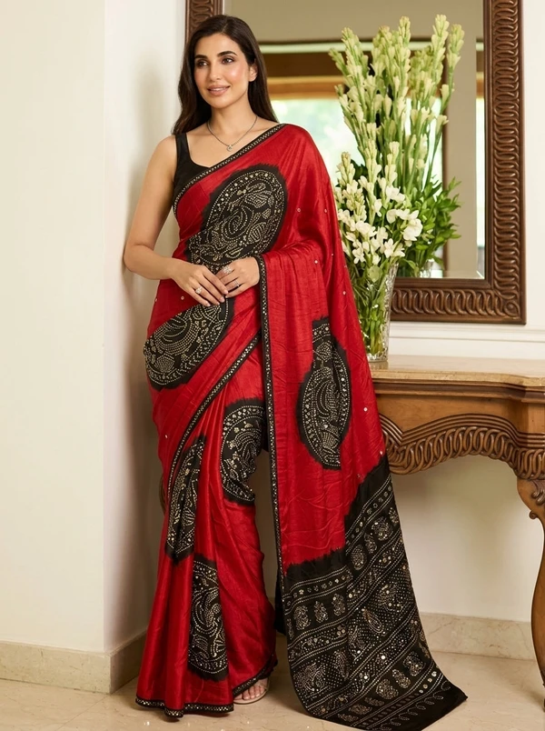 Red and Black Paisley Ajrakh Mirrorwork Saree