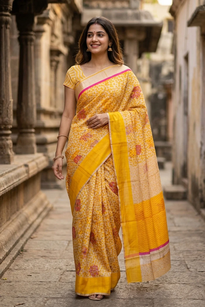 Gold Yellow Chanderi Printed Silk Cotton Saree