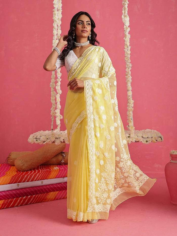 Ada Hand Embroidered Yellow Faux Georgette Lucknowi Chikankari Saree With Blouse A311393